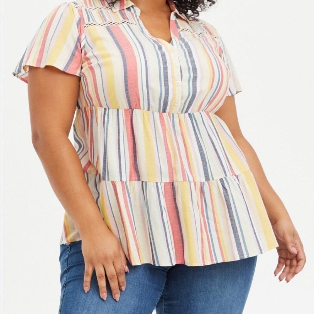 Torrid Babydoll Textured Woven Crochet Insert Striped Tiered Tunic Top Size 2